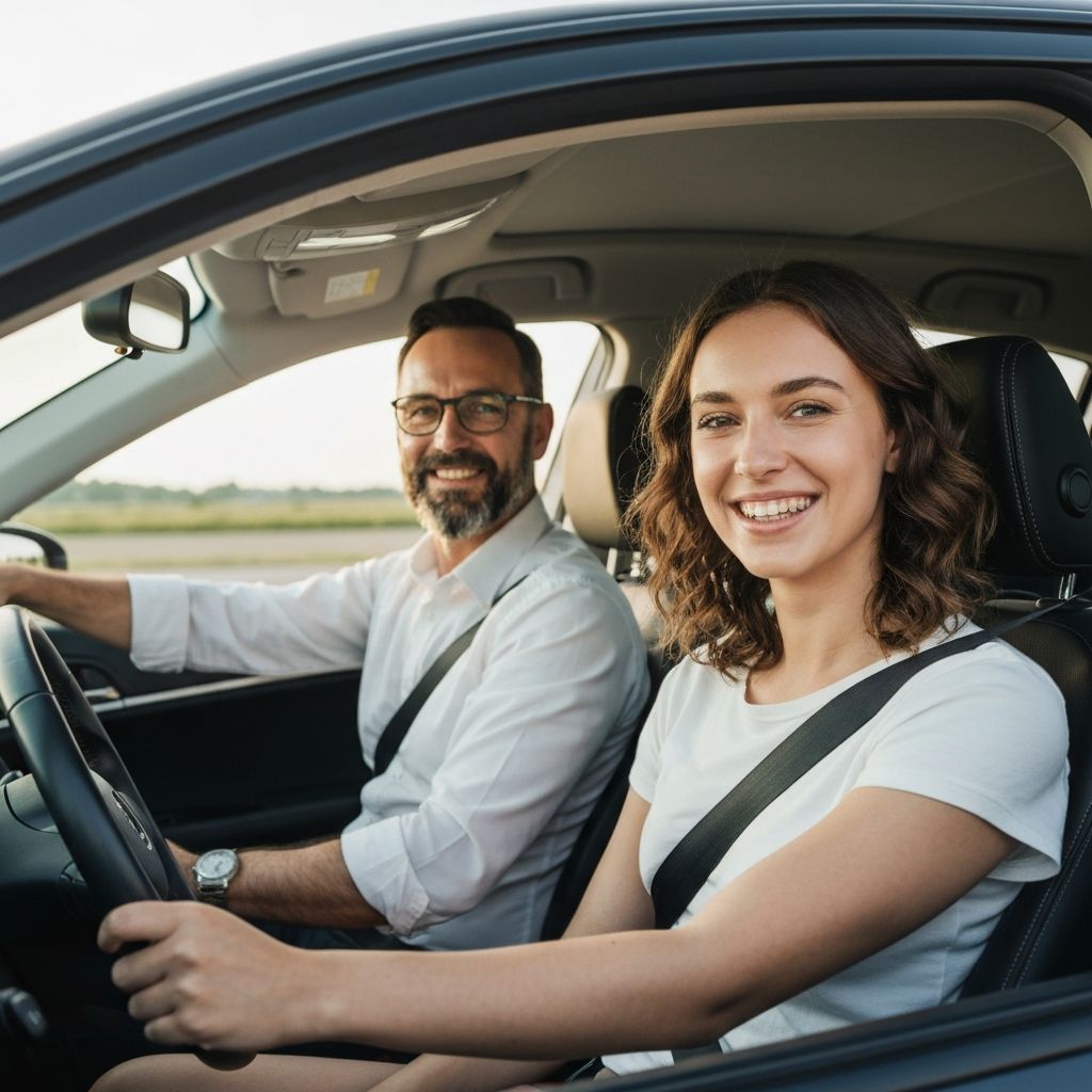 Professional driving instructor with student